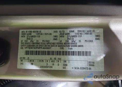 2023 Ford F-150 Lariat z USA, uszkodzony, nr VIN 1FTEW1EP0PFA93027